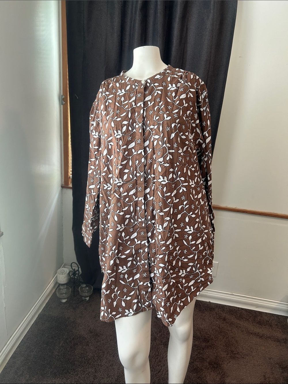 Lands' End Brown Button-Front Floral Tunic